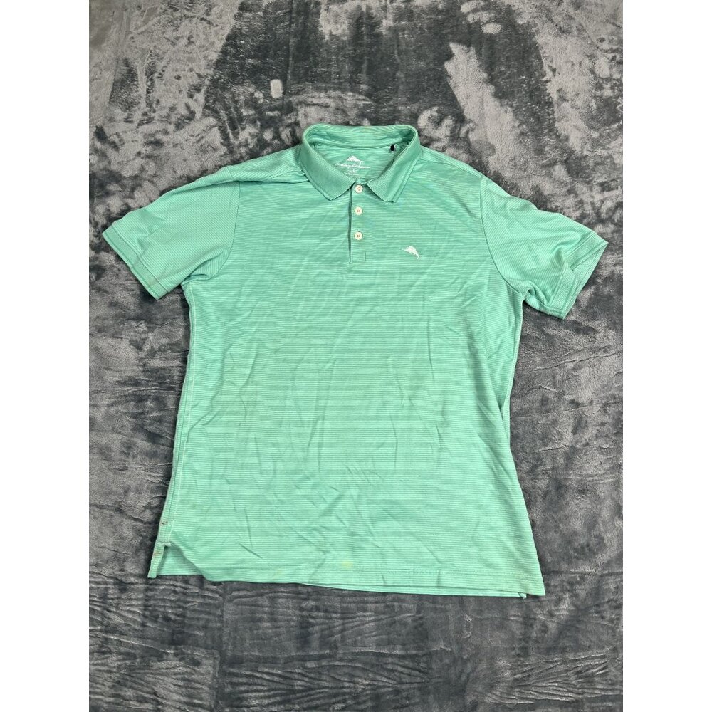 Tommy Bahama Mens Green Striped Polo Shirt L Cotton Blend Short Sleeve